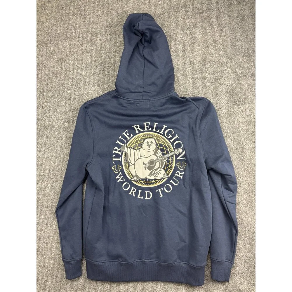 True‎ Religion Hoodie Mens Medium Blue Full Zip Fleece Sweatshirt World Tour